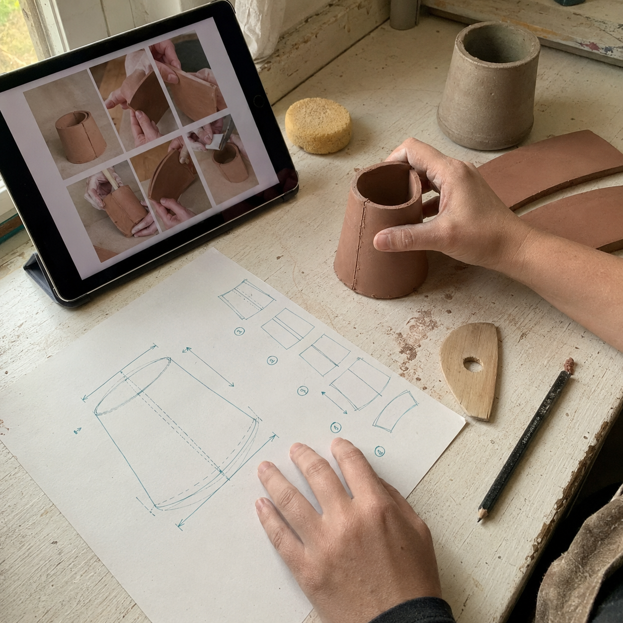 Tablet showing a guided handbuilding project next to paper templates, a clay vessel, and pottery tools