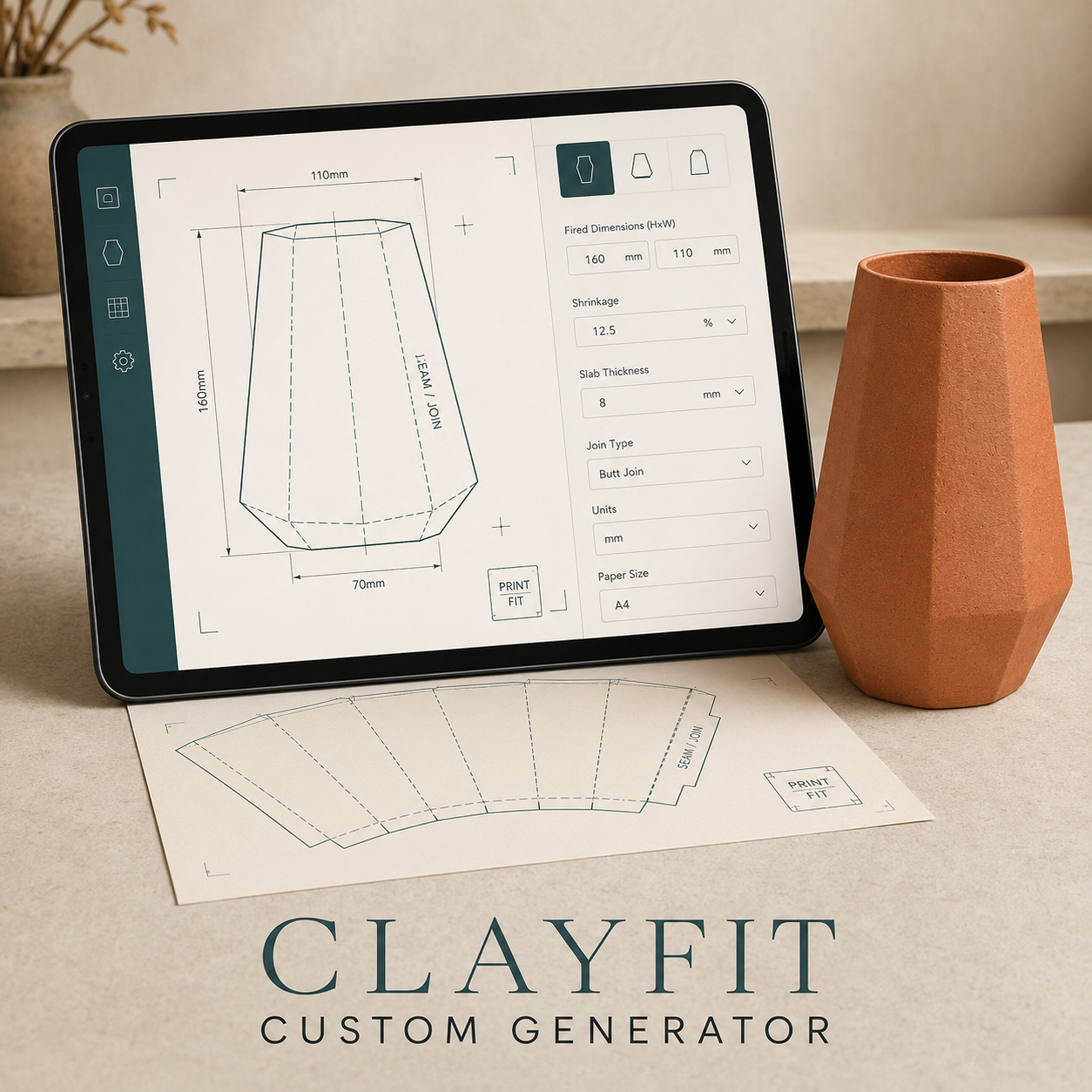 ClayFit Custom Generator interface showing a vessel blueprint with fired dimensions, shrinkage, slab thickness, and paper size controls next to a printed template and a finished terracotta pot