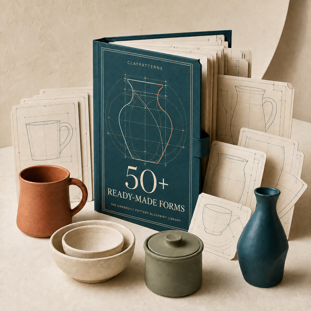50+ Ready-Made Forms — the Handbuilt Pottery Blueprint Library with printed templates and finished vessels
