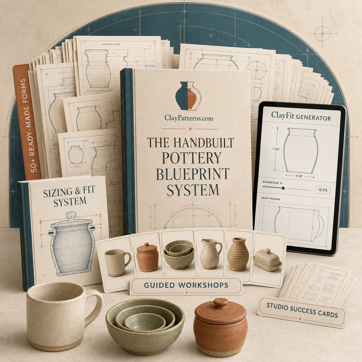 The Handbuilt Pottery Blueprint System bundle with template library, generator, sizing tools, and workshops