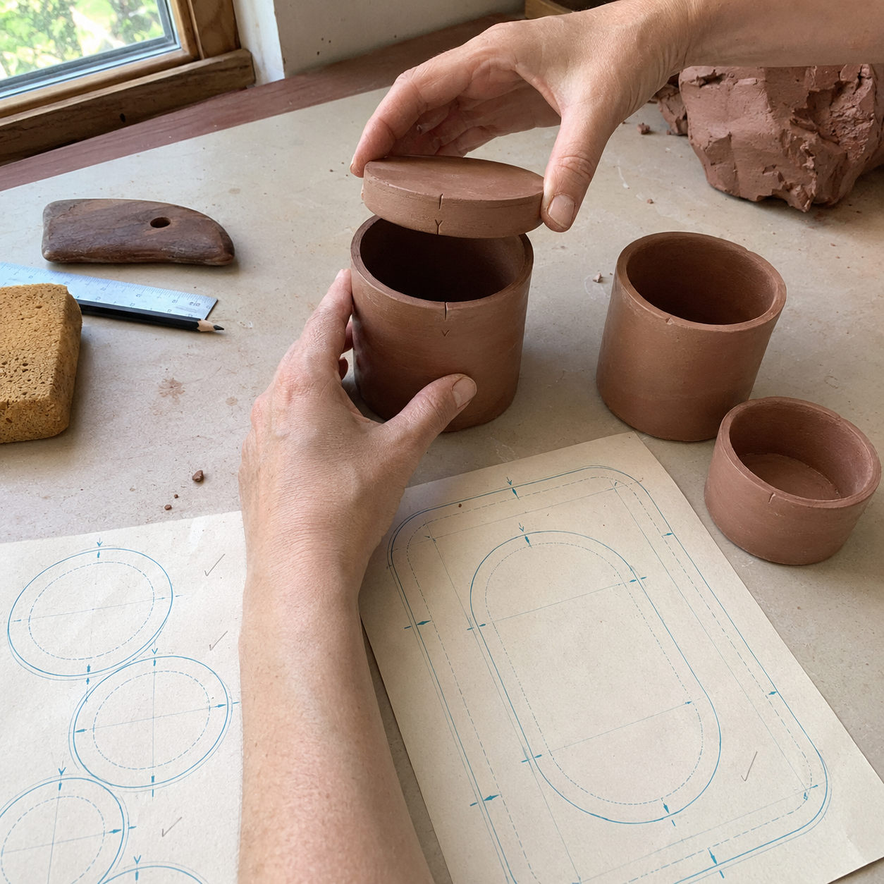 Hands placing a lid on a handbuilt clay jar next to paper templates and pottery tools
