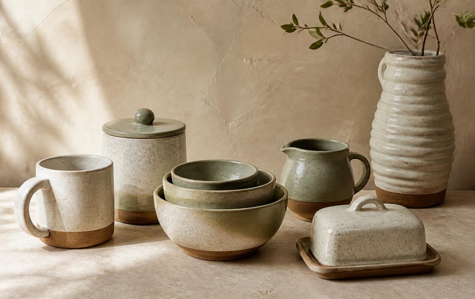A finished collection of handbuilt stoneware: mug, lidded jar, nesting bowls, pitcher, butter dish, and coil vase